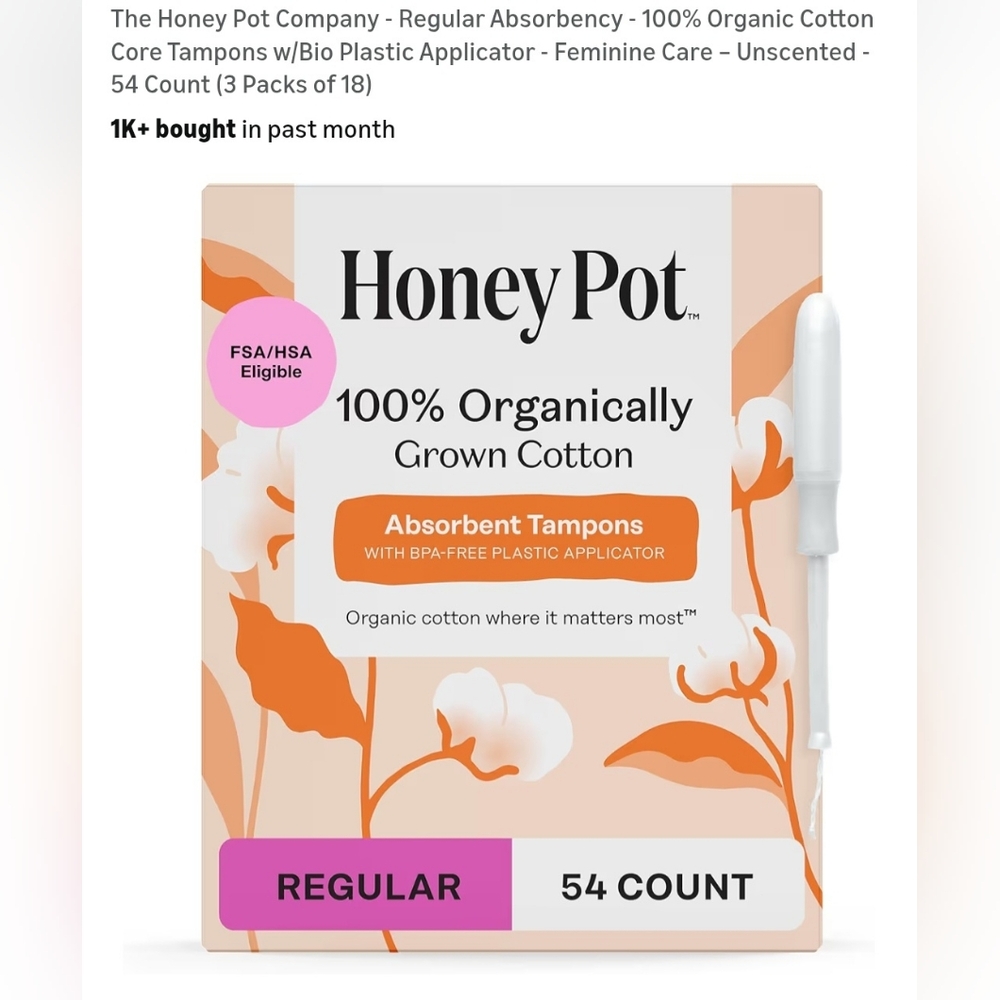 Honey Pot Regular Organic Cotton Tampons- 54 Count